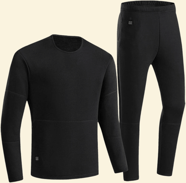 Front and side view of Warmweave™ men's USB heated thermal top and bottom set in black color